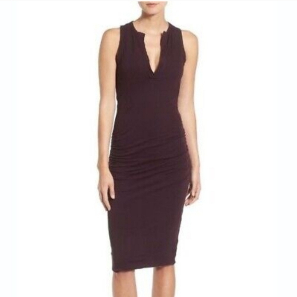 James Perse Split Vneck Ruched Sleeveless Tank Midi Dress